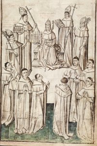 Ms. New Coll 288, f4r. (Chaundler-käsikirjoitus), Thomas Chaundlerin William of Wykehamin elämä (kynä ja muste ja tempera perunakalvolla) tekijältä English School