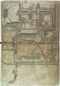 Ms R 171 f.285 Suunnitelma Canterburyn katedraalista ja putkijärjestelmästä, "Eadwine Psalter", n. 1150 (vellum) tekijältä English School
