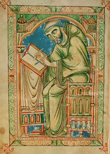 Ms R 17 I f.283v Monk Eadwine työstää käsikirjoitusta, Eadwine Psalter, n. 1150 (vellum) tekijältä English School