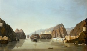 Muscat satamasta brittiläisen fregatin kanssa ankkurissa, Luutnantti R. Templen teoksesta Sixteen Views of Places in the Persian Gulf, julkaistu 1813 (akvatinta)