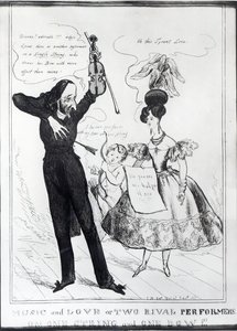 "Musiikkia ja rakkautta tai kaksi kilpailevaa esiintyjää yhdellä kielellä ja yhdellä jousella", karikatyyri Hector Berliozista (1803-69) ja Harriet Smithsonista (1800-54) tekijältä English School