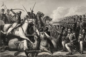Kapinallisen ratsuväen hyökkäys jalkaväen ruudun kimppuun Cawnporen taistelussa vuonna 1857, vuodelta 1858 peräisin oleva teos "The History of the Indian Mutiny". tekijältä English School