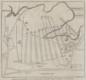 National Rifle Association, Plan of the Grounds at Wimbledon Common, ampumista varten järjestettynä (kaiverrus) tekijältä English School