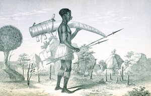 Alkuperäinen, jolla on koristeltu norsunluuhampaat Keski-Afrikan järvialueilta, Richard F. Burton (1821-90), 1860 tekijältä English School