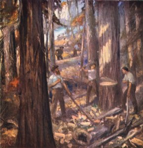New Brunswick, William Davidson, Kanadan ensimmäinen puutavaramies, leikkaa mastoja Britannian laivastolle (värilitografia). tekijältä English School