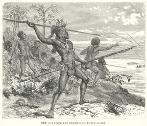 New Caledonin asukkaat puolustamassa rannikkoaan (kaiverrus) (kaiverrus) tekijältä English School