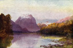 Uusi-Seelanti: Te Anau -järven päässä (värilitografia). tekijältä English School