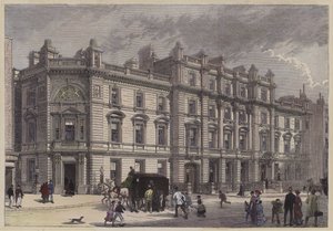 Uusi oikeustalo ja poliisiasema, Bow Street, Lontoo, c1880 (värillinen kaiverrus) tekijältä English School