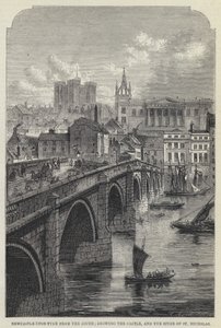 Newcastle-upon-Tyne etelästä, jossa näkyy linna ja Pyhän Nikolauksen torni (kaiverrus) tekijältä English School