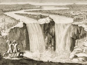 Niagaran putoukset isä Hennepinin vuonna 1677 tekemän luonnoksen mukaan, Religious Tract Societyn julkaisemasta teoksesta "American Pictures", 1876. tekijältä English School