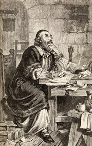 Nicholas Ridley kirjoittaa kirjeitä vankilassa odottaessaan teloitustaan, n. 1865 (puukaiverrus) tekijältä English School