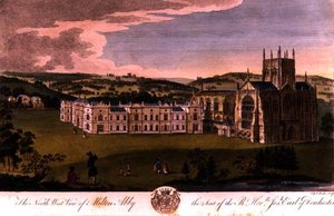 Luoteisnäkymä Milton Abbeystä, Dorchesterin jaarlin oikeaoppisen Josephin istuimesta, kaiverrus Edward Rooker (n. 1712-74) tekijältä English School