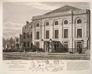 Koillisnäkymä Surrey-teatterista, entinen kuninkaallinen sirkus lähellä obeliskia, Great Surrey Street, 1814 tekijältä English School