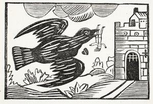 Nyt suuren voiman korppi kantoi Poissa köyhän Tomin, piirros John Ashtonin pubista Chap-books of the Eightenth Century. 1882 tekijältä English School