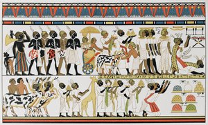 Nubian päälliköt tuomassa lahjoja Egyptin kuninkaalle, kopio muinaisen egyptiläisen seinämaalauksesta Thebassa sijaitsevasta haudasta, noin 1380 eKr., Prof. Friedrich Ratzelin teoksesta The History of Mankind, Vol. III, prof. Friedrich Ratzel, 1898 tekijältä English School