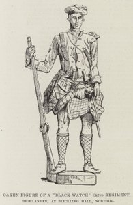 "Musta kello" (42. rykmentti) Highlanderin tammihahmo, Blickling Hallissa, Norfolkissa (kaiverrus) tekijältä English School
