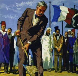 25. huhtikuuta 1859 de Lesseps kaatui ensimmäisen lapion likaa Suezin kanavasta tekijältä English School