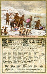 Reitillä pohjoisnavalle Ranskan markkinoille tuotetun Huntley & Palmers Biscuits -kampanjakortin etu- ja takapuoli, 1890 tekijältä English School