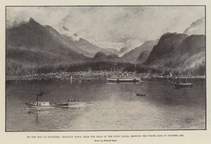 Matkalla Klondikeen, Skagway Towniin, Lynnin kanavan kärjestä, jossa näkyy White Pass lokakuussa 1897 (litho) tekijältä English School