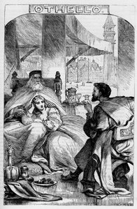 Othello, Venetsian mauri - kuvitus kirjassa "" Completes by William Shakespeare"" 1866 - Tämän painoksen kuvitukset ja yleinen muoto on lainattu Cassellin kuvitetusta Shakespearesta, joka julkaistiin Lontoossa tekijältä English School