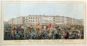Panoramanäköala. Hänen Majesteettinsa kuningatar Caroline menossa osavaltioon St. Paulin katedraaliin, 20. marraskuuta 1820, pub. 1821 (akvatinta paperilla) tekijältä English School