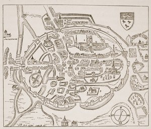 Panoraamanäkymä Canterburysta 1500-luvulla, kuvitus Englannin kirkosta: Ihmisten historia, H.D.M. Spence-Jones, pubi. n. 1910 (seepiavalokuva) tekijältä English School