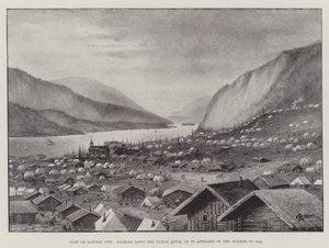 Osa Dawson Cityä, joka katsoo alas Yukon-joelle, sellaisena kuin se ilmestyi kesällä 1898 (litho) tekijältä English School