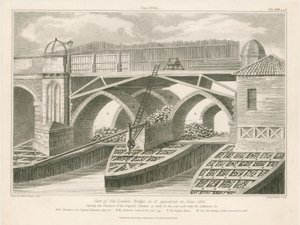 Osa Old London Bridgeä sellaisena kuin se ilmestyi kesäkuussa 1826 tekijältä English School