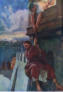 Paavalin pako Damaskoksesta, Thomas Nelsonin julkaisemasta Raamatun kuvakirjasta, n. 1950 (värilitho) tekijältä English School