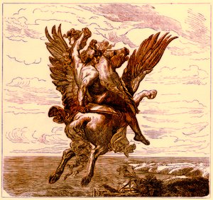 Perseus siivekkäällä hevosella Pegasus, Medusas-pää, kuvitus teoksesta The Illustrated History of the World, julkaistu n. 1880 (digitaalisesti paranneltu kuva) tekijältä English School
