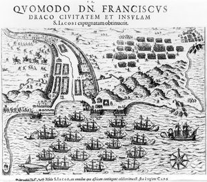 Suunnitelma näyttää kuinka Francis Drake (n. 1540-1596) hyökkäsi ja hallitsi San Jacobin saarta tekijältä English School