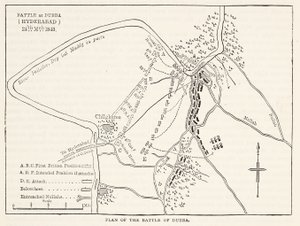 Dubban (Hyderabad) taistelun suunnitelma 24. maaliskuuta 1843, kuva Cassells Illustrated History of Englandista tekijältä English School