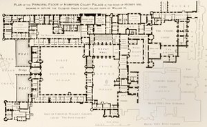 Hampton Courtin palatsin pääkerroksen suunnitelma sellaisena kuin se oli kuningas Henry VIII:n hallituskaudella Ernest Lawn Tudor Timesin historiasta Hampton Court Palacesta, julkaistu Lontoossa 1885 tekijältä English School