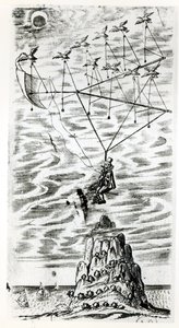 Lentokone, kuvitus: Francis Godwinin (1562-1633) nopea sanansaattaja Domingo Gonsalesin "Mies kuussa" tai puhe matkasta sinne, julkaistiin postuumisti v. tekijältä English School