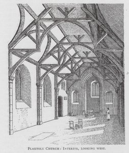 Plaxtolen kirkko, sisätilat, länteen päin (litografia) tekijältä English School