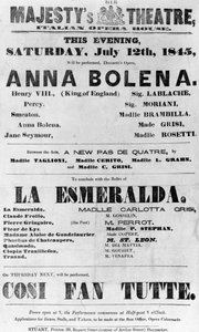 Hänen Majesteettinsa teatterin näytösluettelo, Italian oopperatalo, 1845 (painettu paperi). tekijältä English School