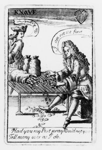 Pelikortit Espanjan perintösodan muistoksi, sydänpuku, n. 1707 (kaiverrus) (mustavalkoinen kuva) (yksityiskohta 115651) tekijältä English School