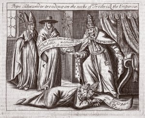 Paavi Aleksanteri tallaa keisari Frederickin kaulaa, kuvitus John Foxen teoksista Apostolien teot ja monumentit, yhdeksäs painos, pubi. 1684 tekijältä English School