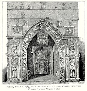 Noin vuonna 1587 rakennetun Arminghallin, Norfolkin maatilan kuisti (kaiverrus). tekijältä English School