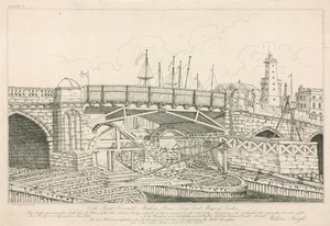 Osa Old London Bridgestä, piirretty vuonna 1826 rakennustöiden aikana tekijältä English School
