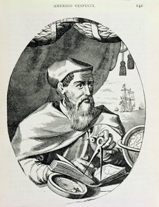 Muotokuva Amerigo Vespuccista (1454-1512) julkaisusta "The Narrative and Critical History of America", toimittanut Justin Winsor, Lontoo, 1886 tekijältä English School