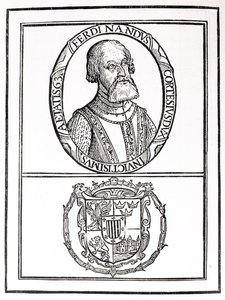 Muotokuva Hernan Cortesista (1485-1547) ja hänen käsivarsistaan julkaisusta "The Narrative and Critical History of America", toimittanut Justin Winsor, Lontoo, 1886 tekijältä English School