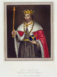 Oriel Collegen perustajan kuningas Edward II:n (1284-1327) muotokuva Bodleian Libraryssa tehdyn maalauksen jälkeen (värikaiverrus) tekijältä English School