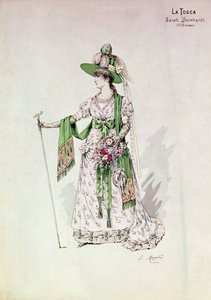 Sarah Bernhardtin (1844-1923) muotokuva Victorien Sardoun (1831-1908) La Tosca -tuotannossa Lyseumissa 9. heinäkuuta 1888 (värinen kaiverrus) tekijältä English School