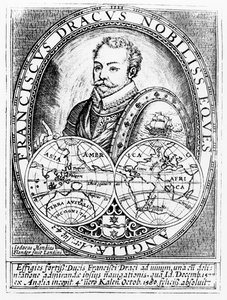 Sir Francis Draken (n. 1540-1596) muotokuva 43-vuotiaana, kaivertanut Jodocus Hondius (1567-1611) tekijältä English School