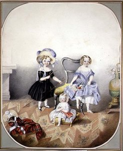Muotokuva kolmesta sinisilmäisestä tytöstä hienossa mekossa, n. 1840 (akvarelli paperille) tekijältä English School