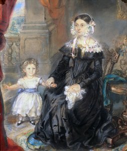 Muotokuva äidistä ja pienestä lapsesta sisätiloissa, n. 1830 (katso pari 126404)