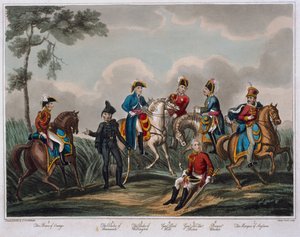 Kenraalin upseerien muotokuvat historiallisesta kuvauksesta Waterloon taistelusta, julkaisija M. Colburn, 1817 (värillinen akvatinta) tekijältä English School