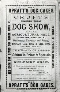 Juliste mainostaa Cruftin koiranäyttelyä Royal Agricultural Hallissa Islingtonissa, Lontoossa vuonna 1891 tekijältä English School
