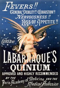 Mainosjuliste Labarraques Quinium, kiniinilääke kuumetta, yleistä heikkoutta, uupumusta, hermostuneisuutta, ruokahaluttomuutta vastaan, 1889